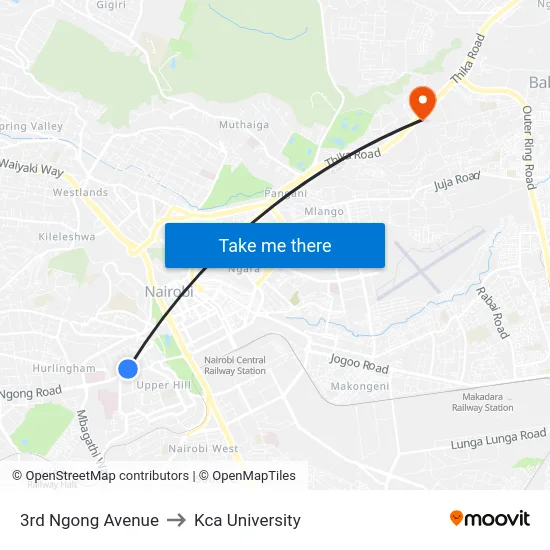3rd Ngong Avenue to Kca University map