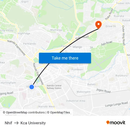 Nhif to Kca University map