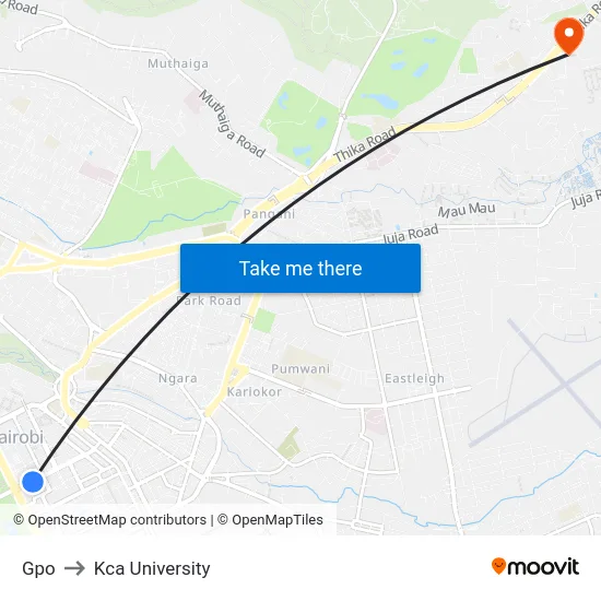 Gpo to Kca University map