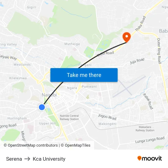 Serena to Kca University map