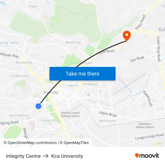 Integrity Centre to Kca University map