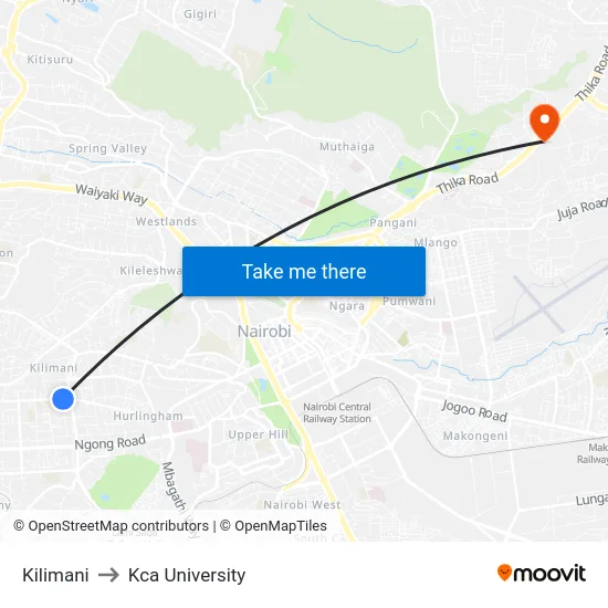 Kilimani to Kca University map