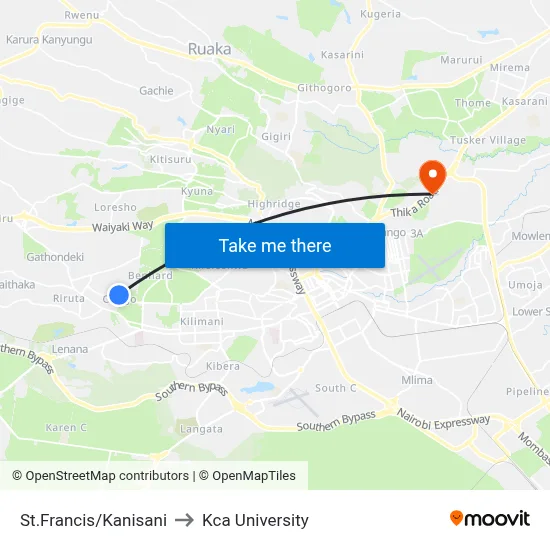 St.Francis/Kanisani to Kca University map