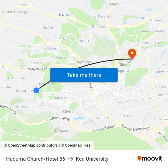 Huduma Church/Hotel 56 to Kca University map