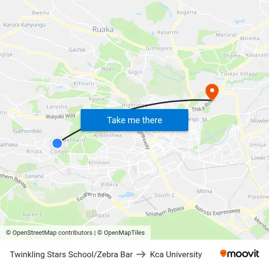 Twinkling Stars School/Zebra Bar to Kca University map