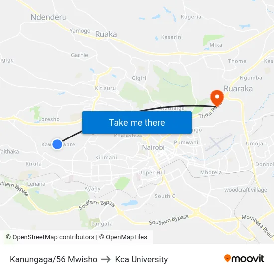 Kanungaga/56 Mwisho to Kca University map