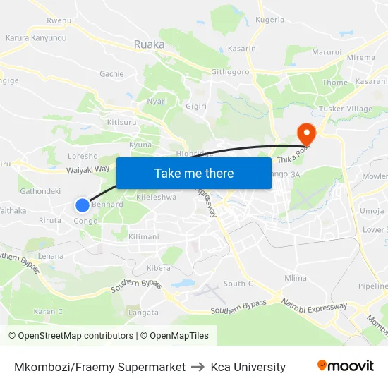 Mkombozi/Fraemy Supermarket to Kca University map