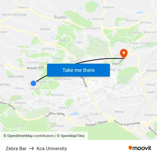 Zebra Bar to Kca University map