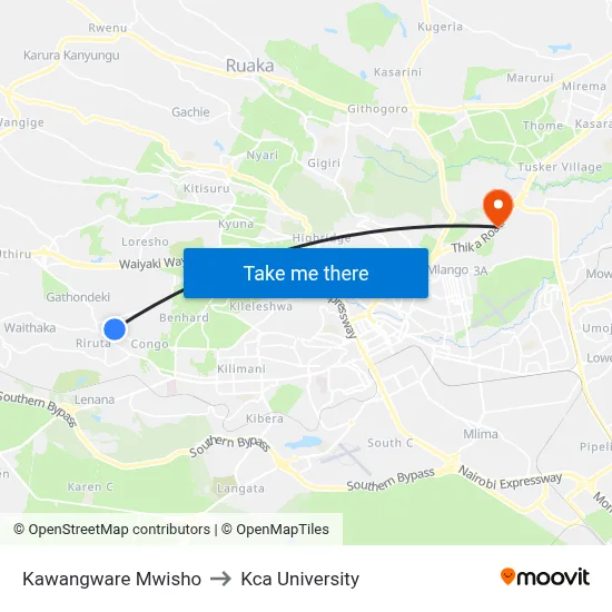 Kawangware Mwisho to Kca University map