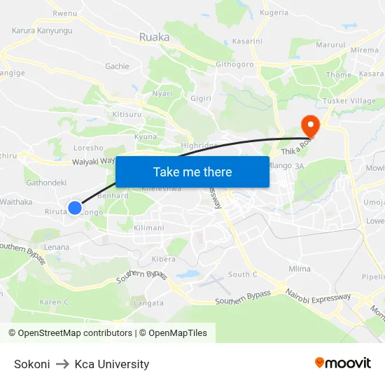 Sokoni to Kca University map