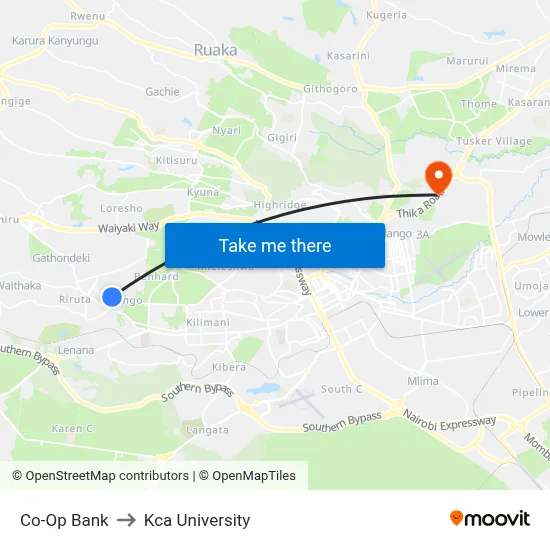 Co-Op Bank to Kca University map