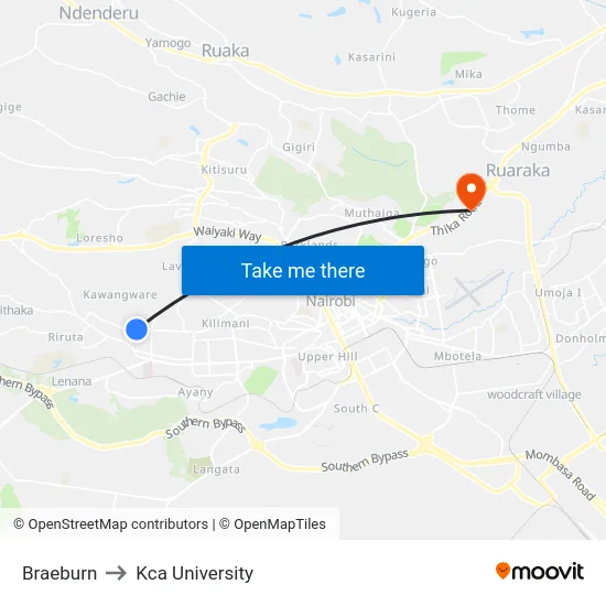 Braeburn to Kca University map