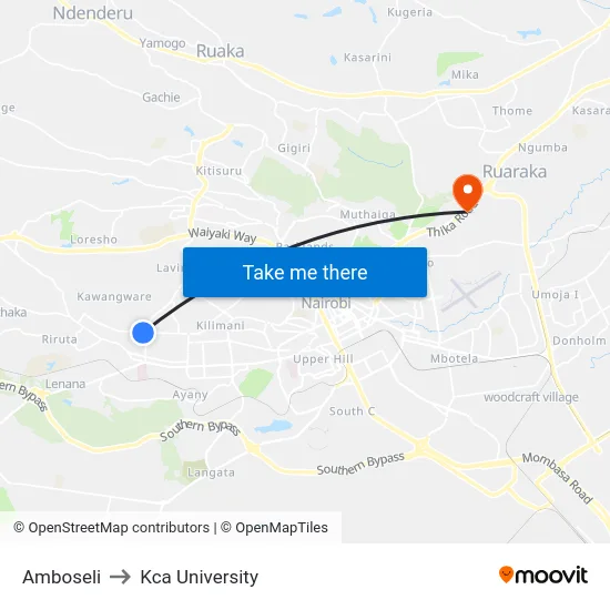 Amboseli to Kca University map