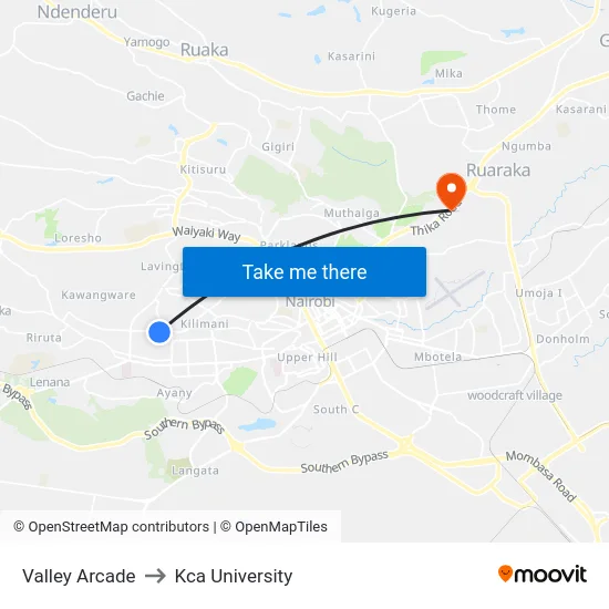 Valley Arcade to Kca University map