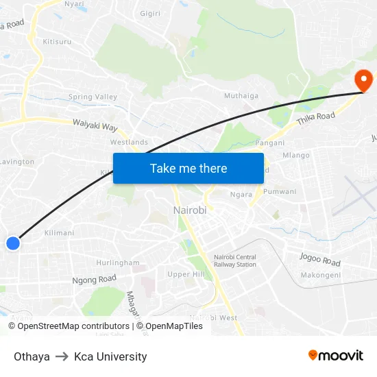 Othaya to Kca University map