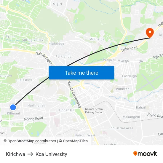 Kirichwa to Kca University map