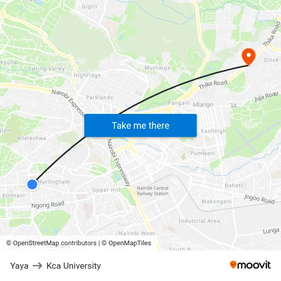 Yaya to Kca University map