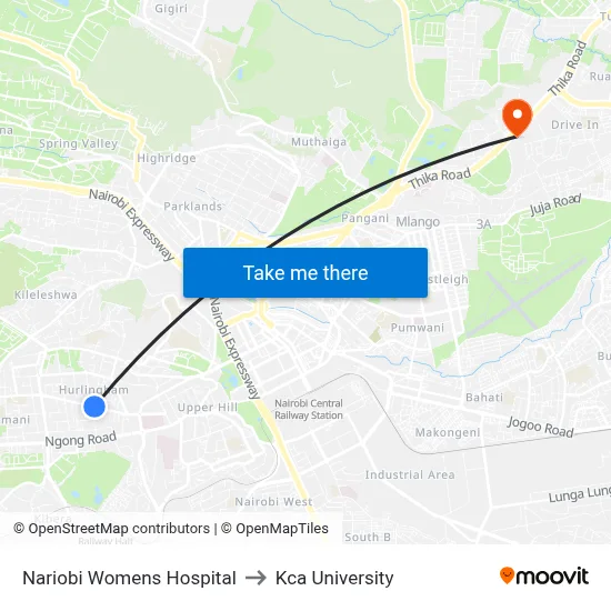 Nariobi Womens Hospital to Kca University map