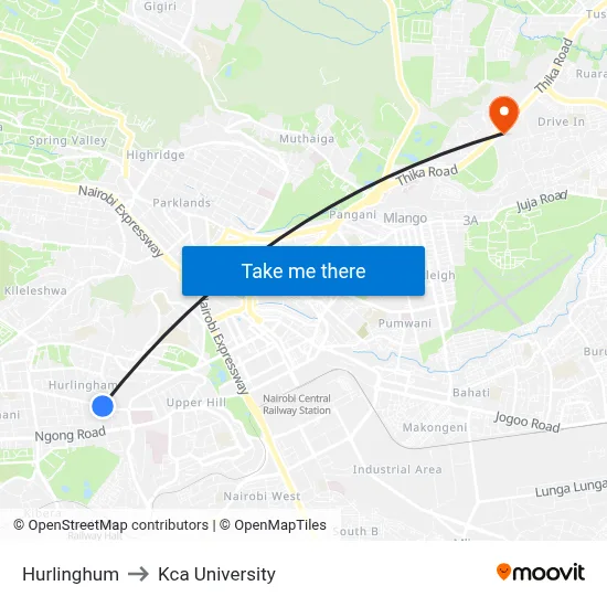 Hurlinghum to Kca University map