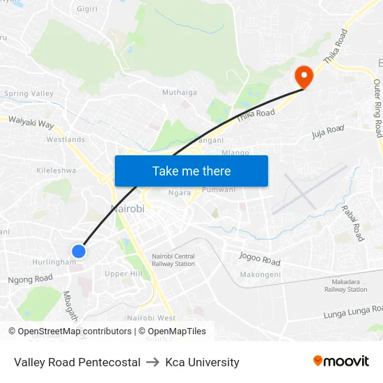 Valley Road Pentecostal to Kca University map