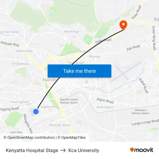 Kenyatta Hospital Stage to Kca University map