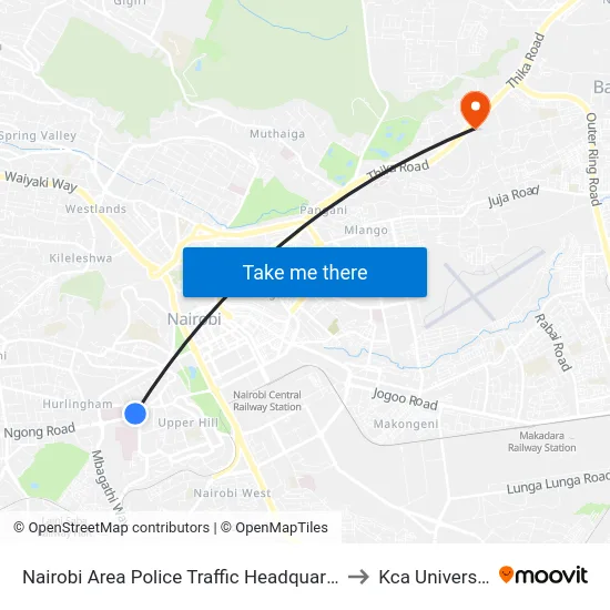 Nairobi Area Police Traffic Headquarters to Kca University map