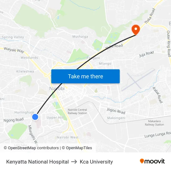 Kenyatta National Hospital to Kca University map