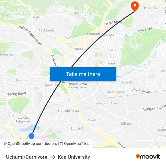 Uchumi/Carnivore to Kca University map