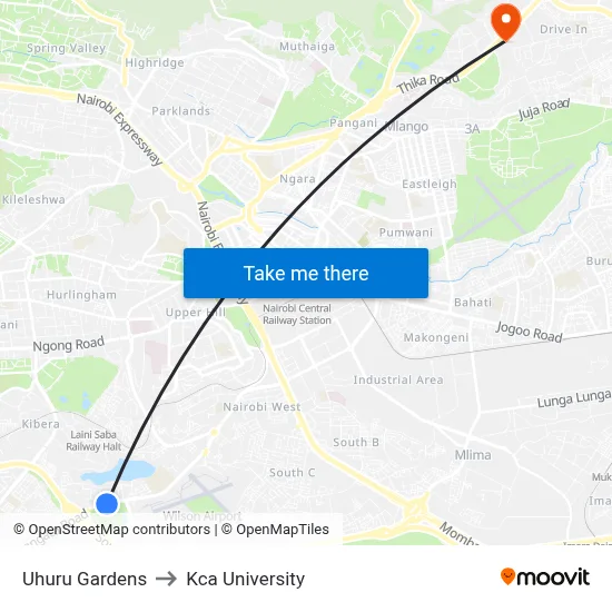 Uhuru Gardens to Kca University map
