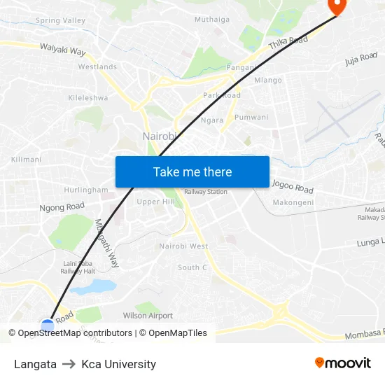 Langata to Kca University map