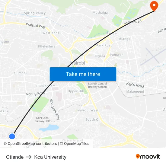 Otiende to Kca University map