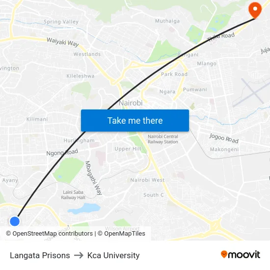 Langata Prisons to Kca University map