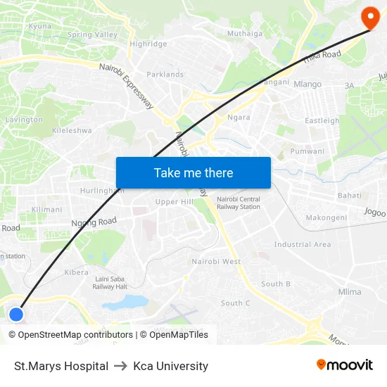 St.Marys Hospital to Kca University map