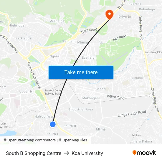 South B Shopping Centre to Kca University map
