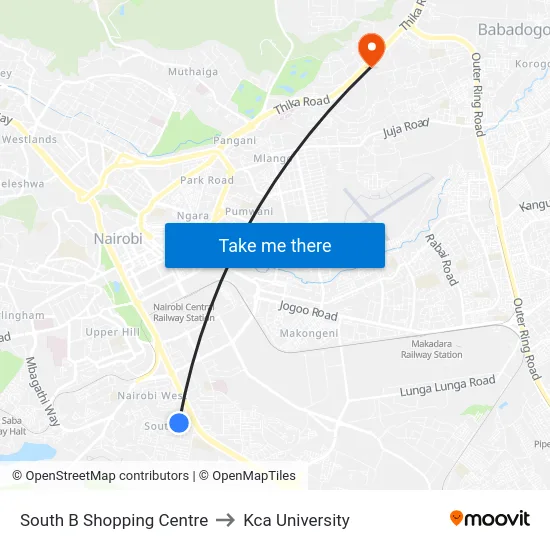 South B Shopping Centre to Kca University map