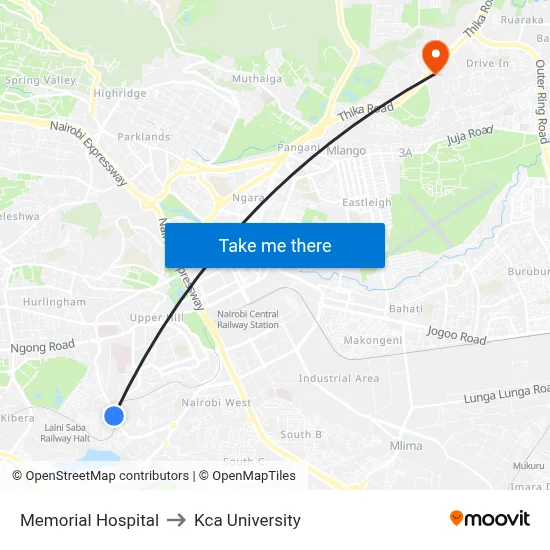 Memorial Hospital to Kca University map