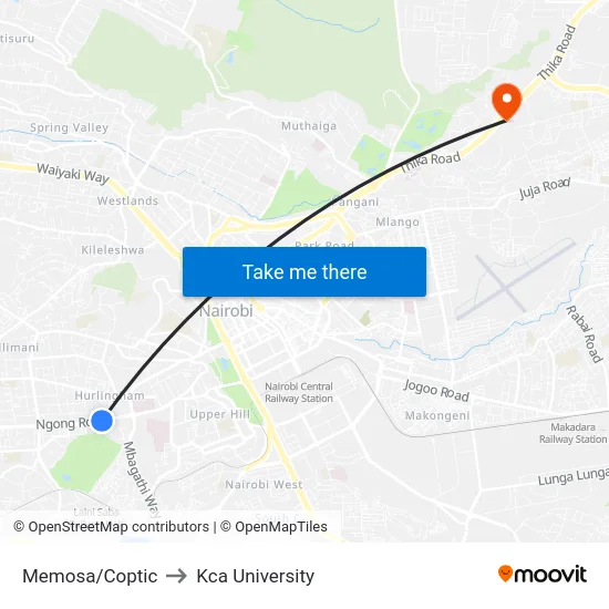 Memosa/Coptic to Kca University map