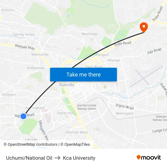 Uchumi/National Oil to Kca University map