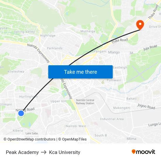 Peak Academy to Kca University map
