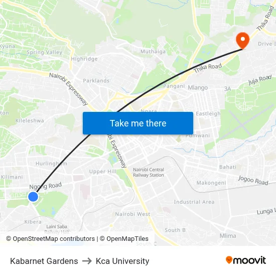 Kabarnet Gardens to Kca University map