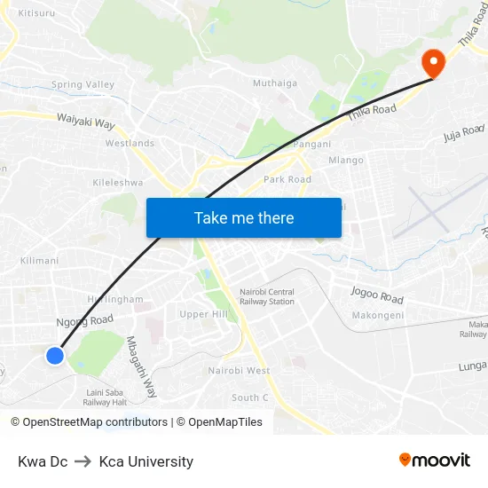 Kwa Dc to Kca University map
