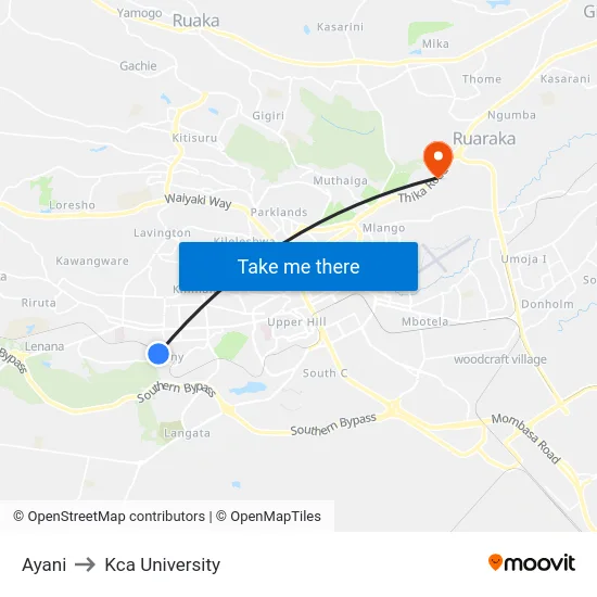 Ayani to Kca University map