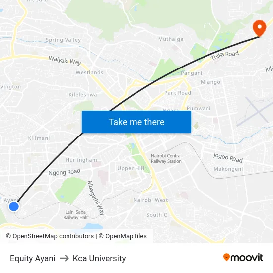 Equity Ayani to Kca University map