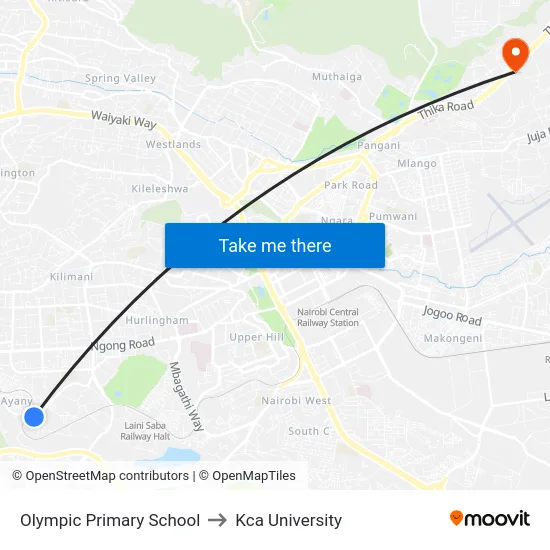 Olympic Primary School to Kca University map