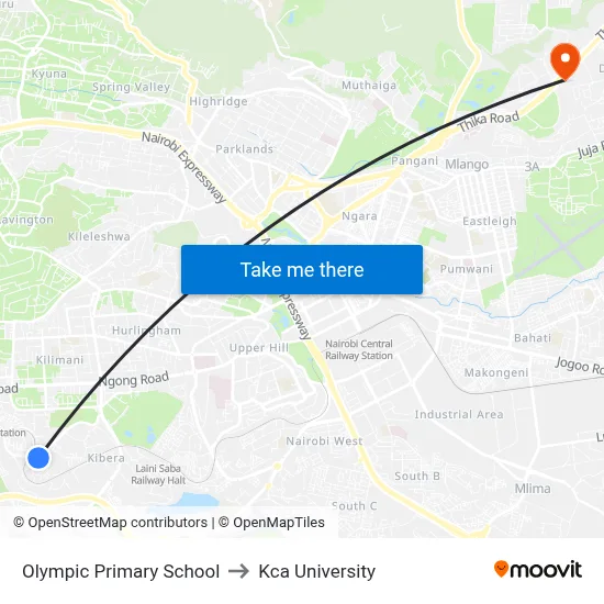 Olympic Primary School to Kca University map