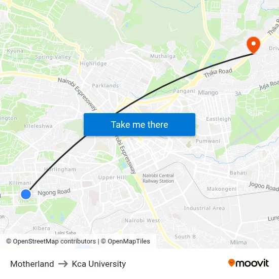 Motherland to Kca University map