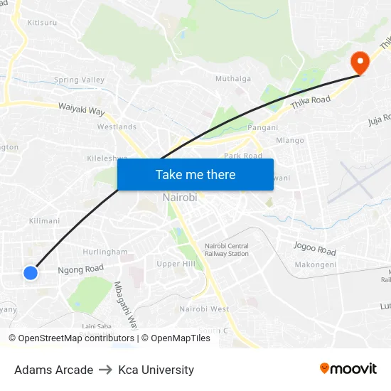 Adams Arcade to Kca University map