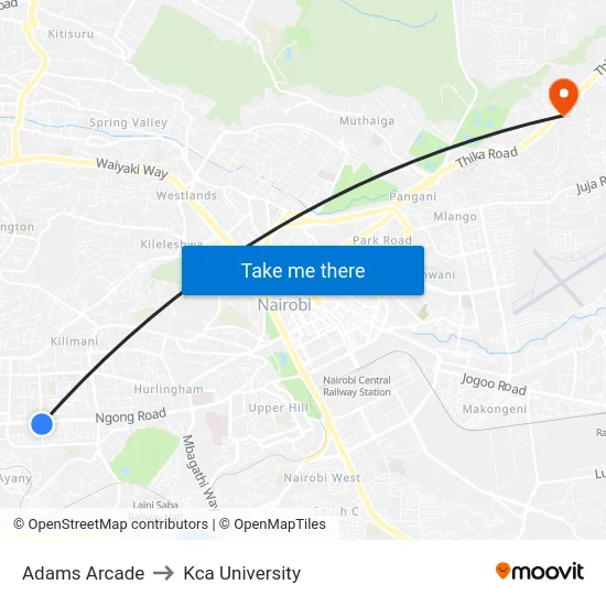 Adams Arcade to Kca University map