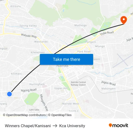 Winners Chapel/Kanisani to Kca University map