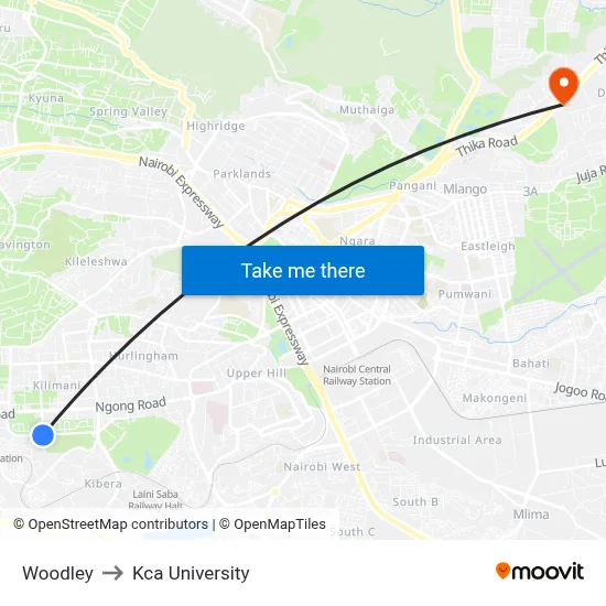 Woodley to Kca University map